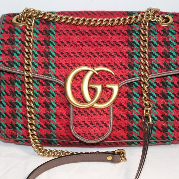 Gucci GG Marmont Knit Houndstooth Tweed Shoulder Bag Red - Picture 2 of 9